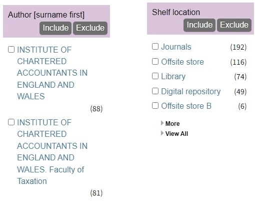 The Library catalogue "Limit Search Results" menu, showing options to filter by author name and shelf location.